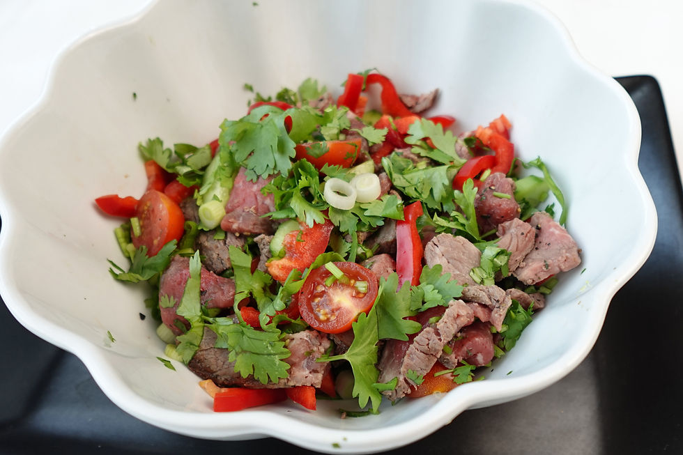 Salad in a white bowl with beef slices, cucumber, green onion, cherry tomatoes, red peppers, and cilantro, creating a fresh and colorful dish.