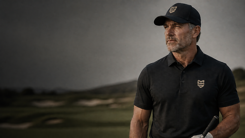 Middle-aged man in a black polo and hat with a subtle My Lifelong Strength mark, standing on a muted golf course with dark negative space for Back Nine Strength text.