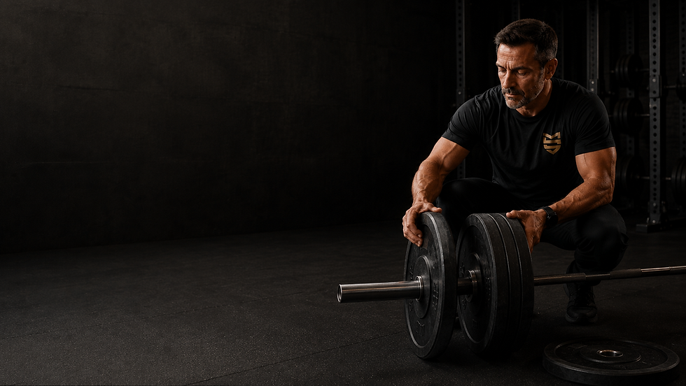 Middle-aged man in a dark industrial gym deliberately removing weight plates from a barbell, wearing a black shirt with the MLS logo and open shadowed space on the left.