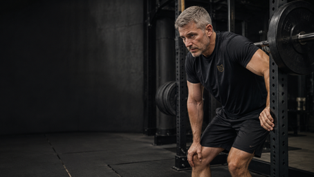 Middle-aged man leaning forward beside a loaded squat rack in an industrial gym, wearing a dark shirt with the MLS logo, with open shadowed space on the left side of the image.