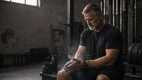 Middle-aged man seated in an industrial gym calmly applying chalk to his hands, with soft natural light and a light dusting of chalk particles in the air, and open space on the left side of the frame.