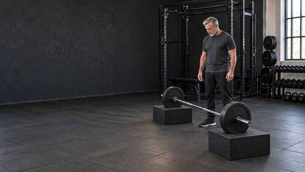 Mature man standing beside a lightly loaded barbell on pulling blocks in a quiet gym, looking down at the setup.