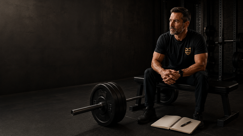 Middle-aged man seated in a dark industrial gym beside a loaded barbell, wearing a black shirt with the MLS logo, with an open training notebook nearby and shadowed negative space on the left.