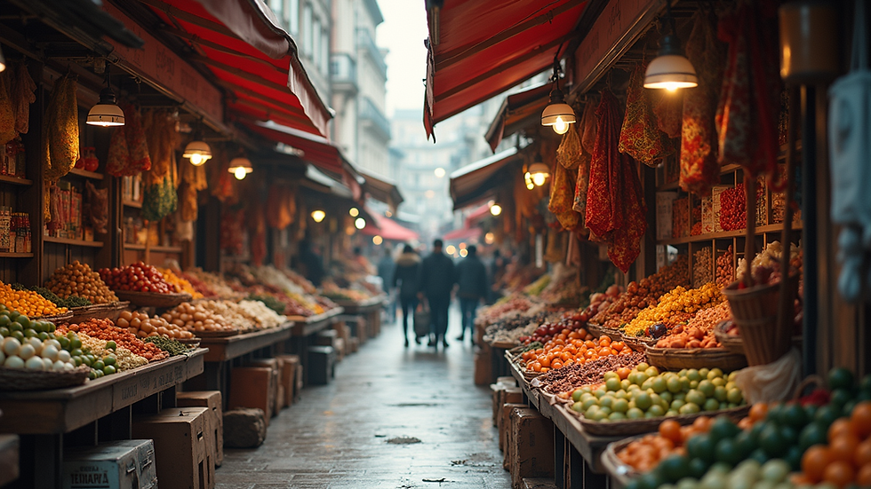 Eye-level view of a vibrant marketplace showcasing diverse products