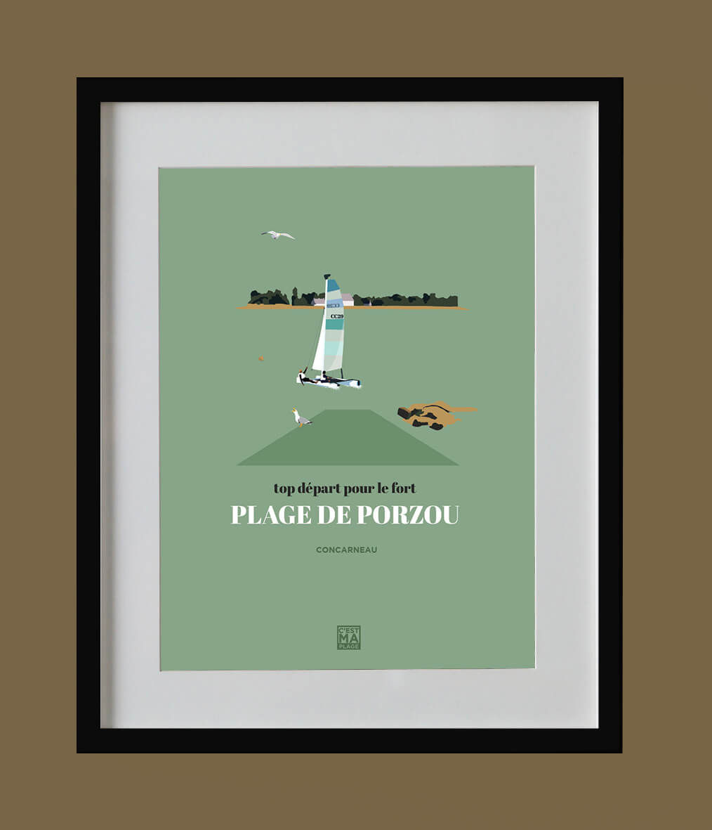 Affiche minimaliste de la cale de la plage du porzou à Concarneau en Finistère, Bretagne sud. Illustration bretagne