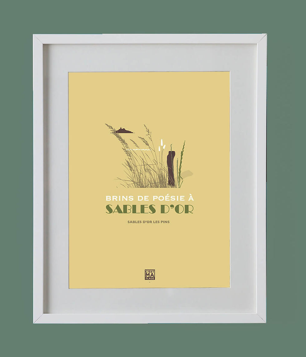 Affiche minimaliste fond sable de la dune devant l'ilot Saint-Michel à Sables d'or les pins en Côtes-d'Armor en Bretagne