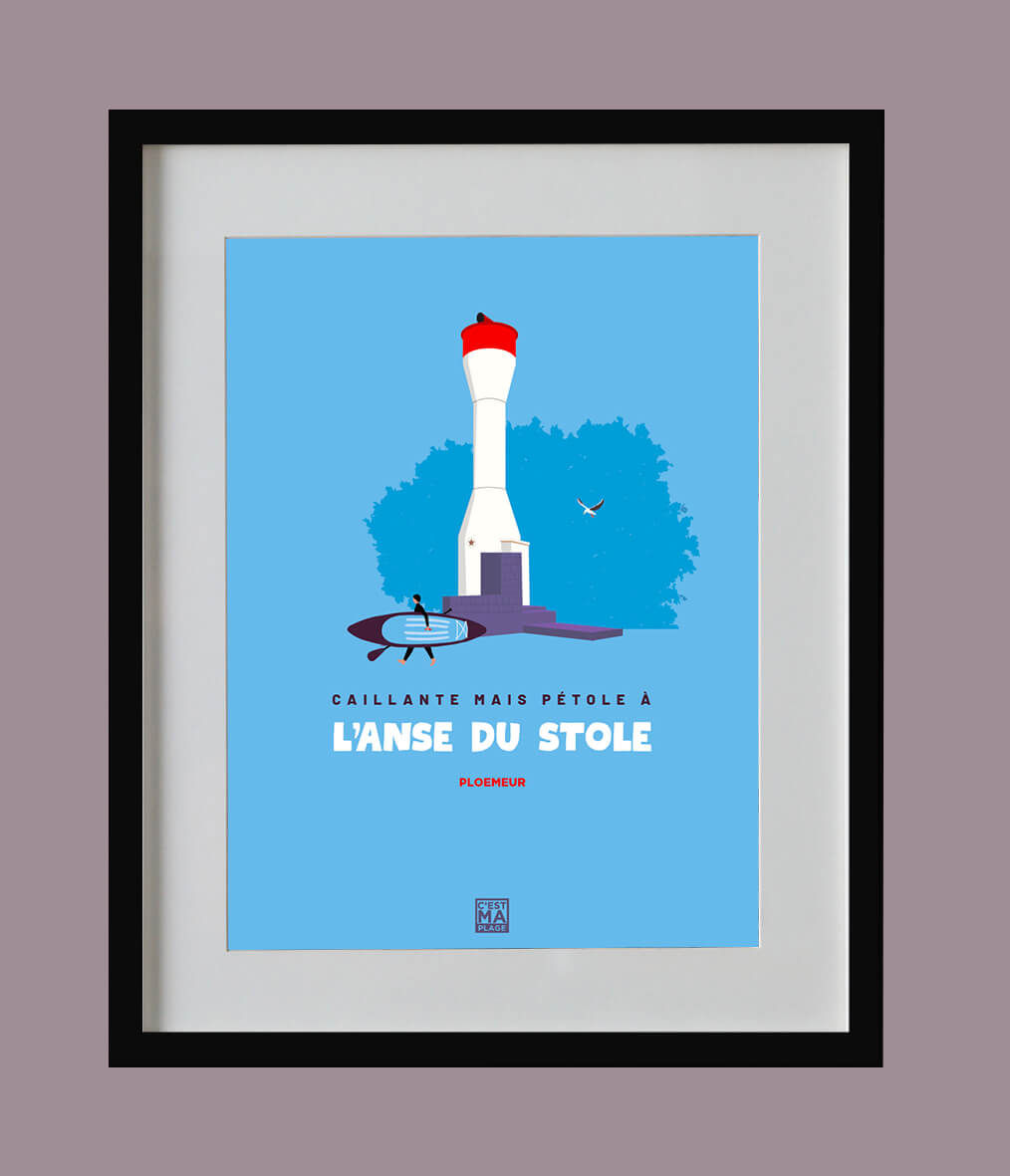 Affiche minimaliste fond bleu ciel du phare de l'anse du stole à Ploemeur dans le Morbihan en Bretagne. Cadre noir