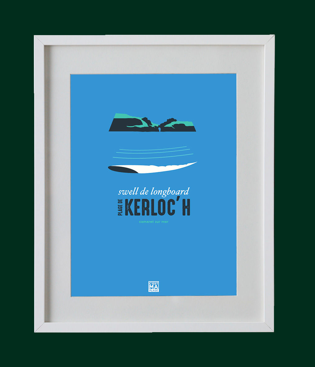 Affiche minimaliste de la plage de Kerloc'h à Camaret-sur-Mer en Bretagne avec une vague et l'anse du Château de Dinan.