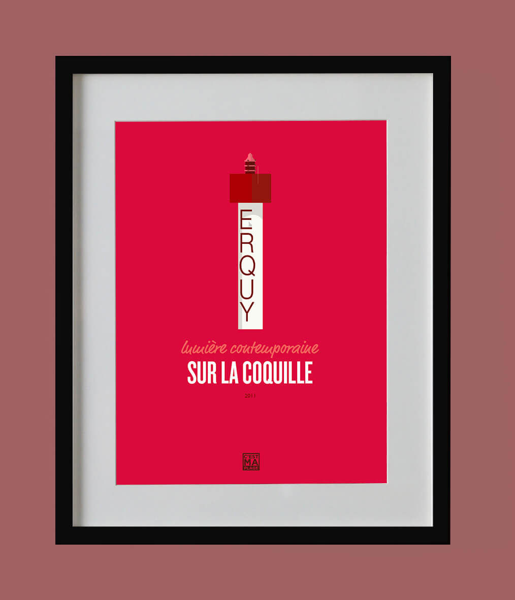 Affiche minimaliste fond rouge du nouveau phare d'Erquy dans les Côtes-d'Armor en Bretagne