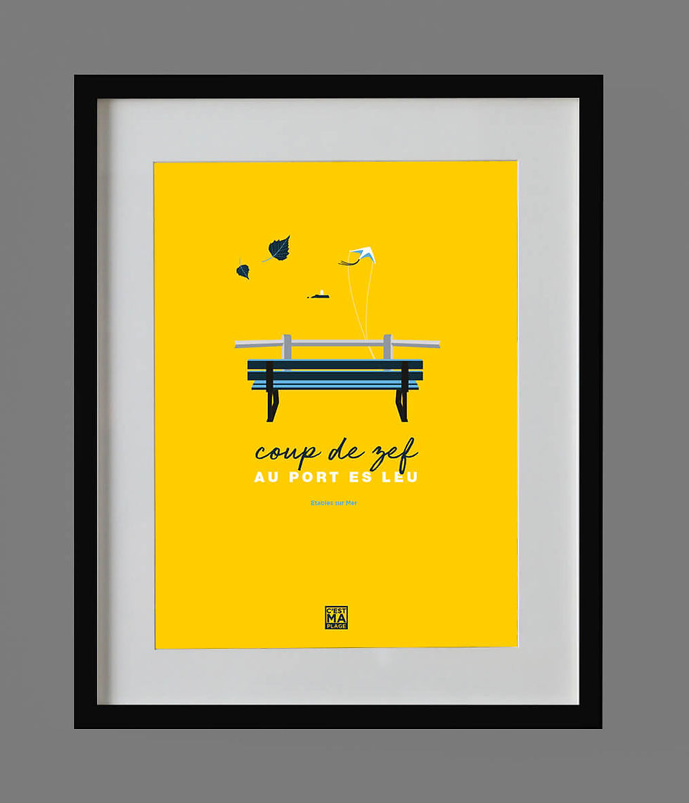 Affiche minimaliste fond jaune d'un banc devant les barrières de la plage du port-es-leu à Etables-sur-mer en Bretagne nord