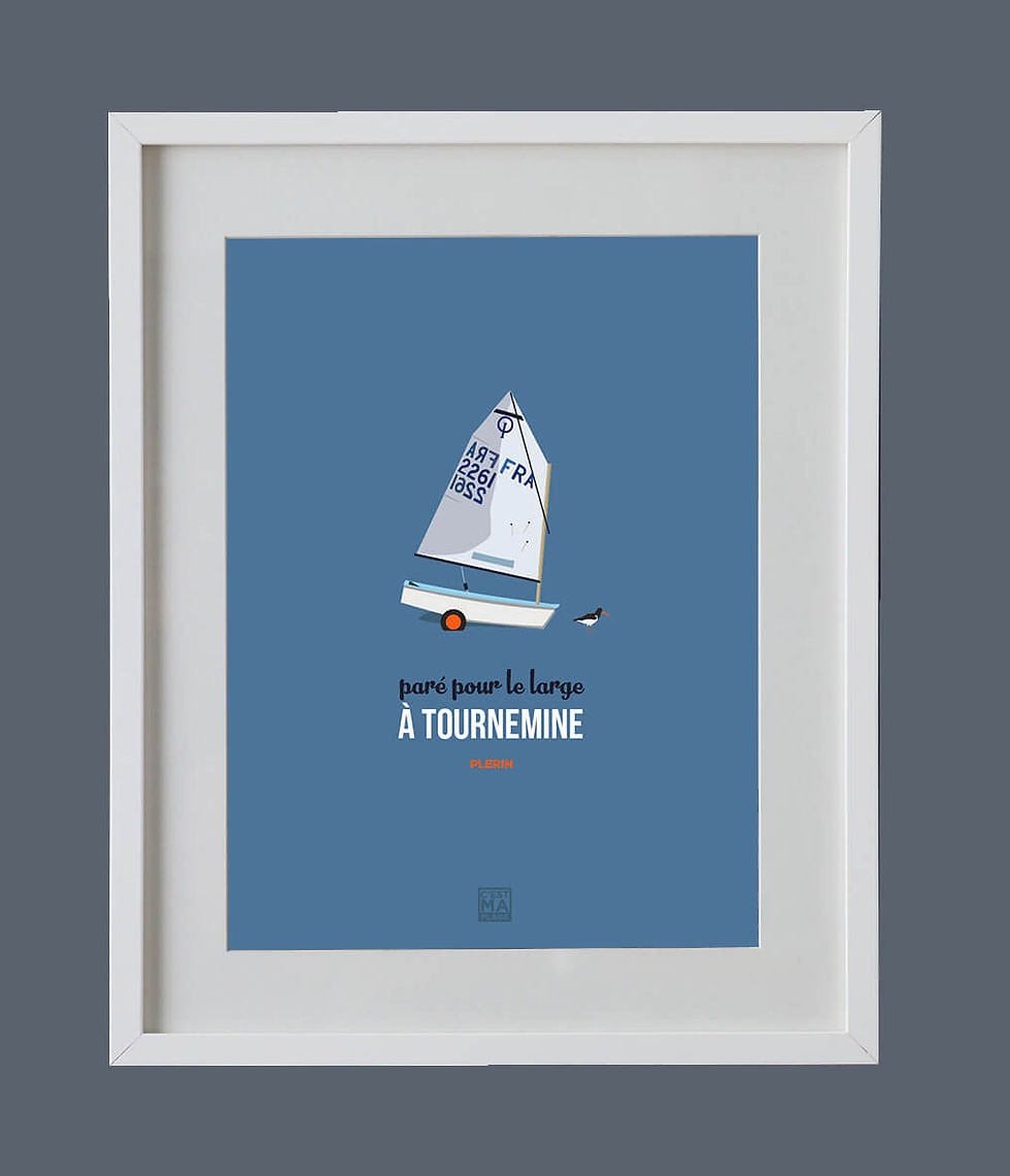 Affiche minimaliste fond bleu gris d'un dériveur et un huîtrier pie plage de Tournemine à Plérin en Côtes-d'Armor en Bretagne