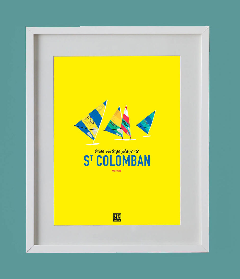 Affiche minimaliste sur fond jaune de planches à voile vintage plage de Saint-Colomban à Carnac en Bretagne sud. Illustration