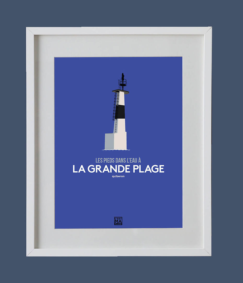Affiche minimaliste sur fond bleu dur avec le phare de la grande plage de Quiberon dans le Morbihan en Bretagne sud.