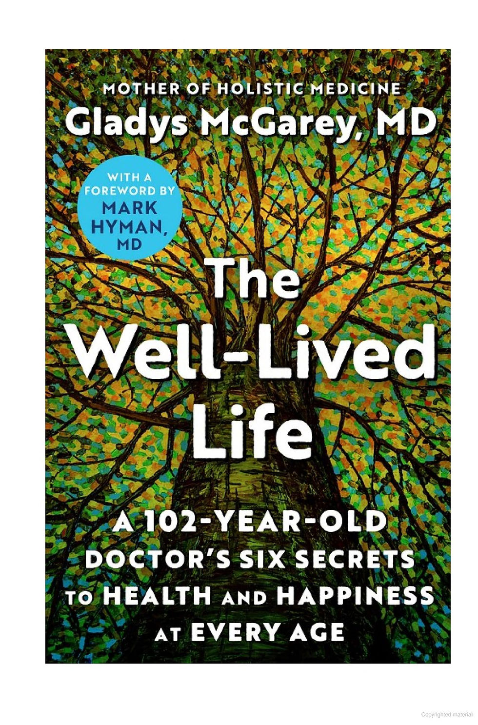 A bookcover with a large painted tree with green, gold, yellow and orange leaves.