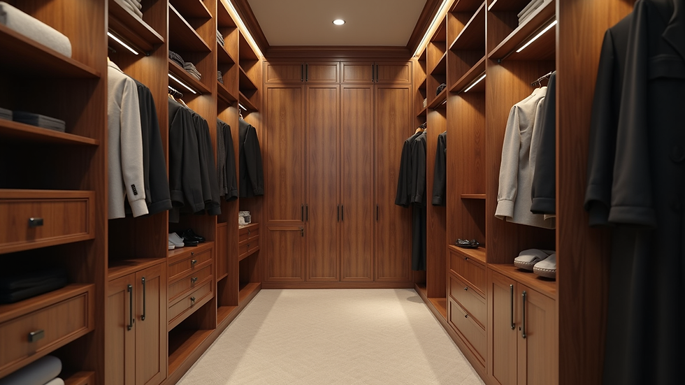 Eye-level view of a luxurious walk-in closet with custom shelving and elegant lighting