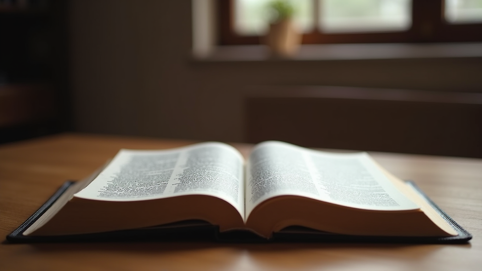 Eye-level view of an open Bible on a wooden table
