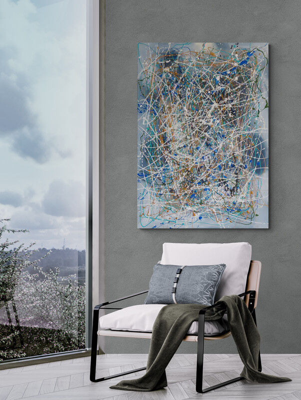 "Abstract painting by Dunc Ebedes Caravans, showcasing vibrant colors and dynamic patterns. Acrylic on canvas, 120-85cm, stretched and ready to hang."