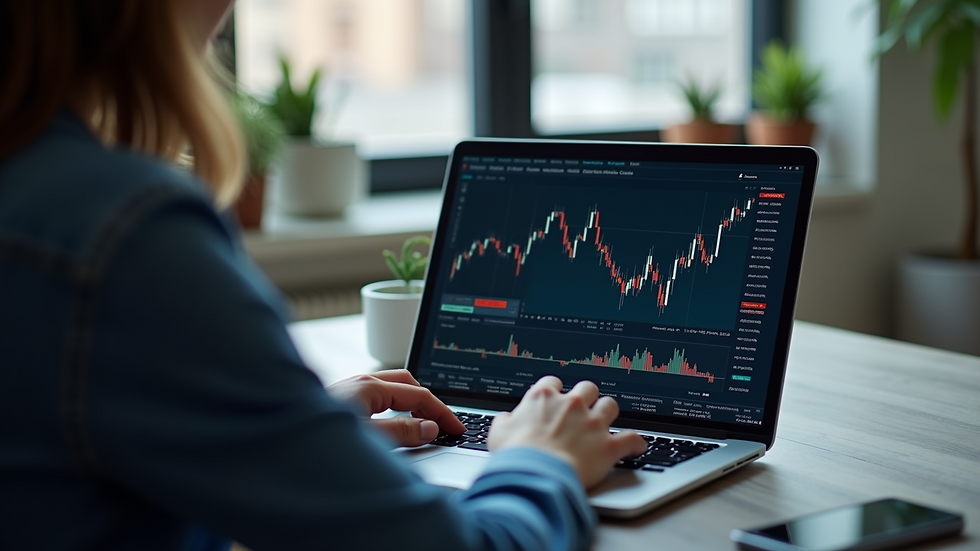 Eye-level view of a person using a laptop with financial charts on the screen