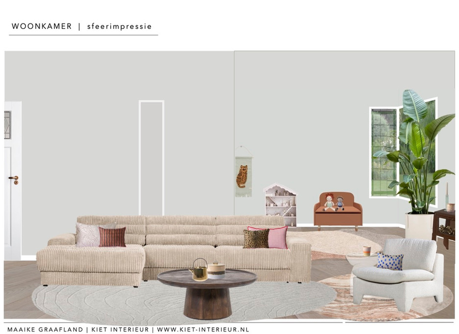 Sfeerrender van de zithoek in een jaren 30 woning in Oosterhout met grote hoekbank, ronde salontafel en warme tinten.