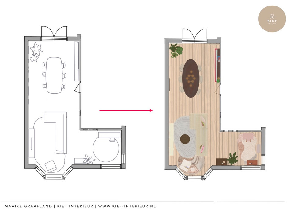 Plattegrond van de woonkamer in een jaren 30 woning in Oosterhout met indeling en looplijnen uit het interieurplan van De Interieurbar.