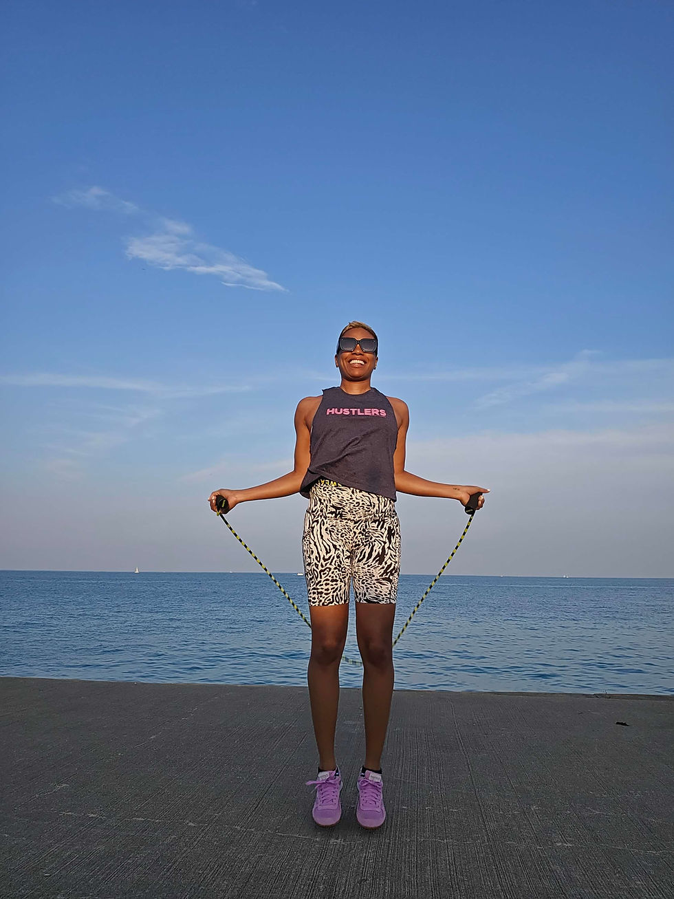 Crystal Marshall jumping rope along the Chicago lakefront, illustrating how consistent exercise and healthy habits contribute to long-term wellness.