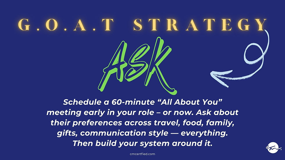 G.O.A.T. Strategy graphic urging assistants to schedule an ‘All About You’ meeting to learn executive preferences.
