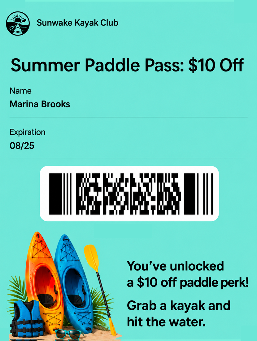 Sunwake Kayak Club mobile wallet coupon for $10 off a summer paddle pass with customer name, expiration date, barcode redemption, and kayak promotion.
