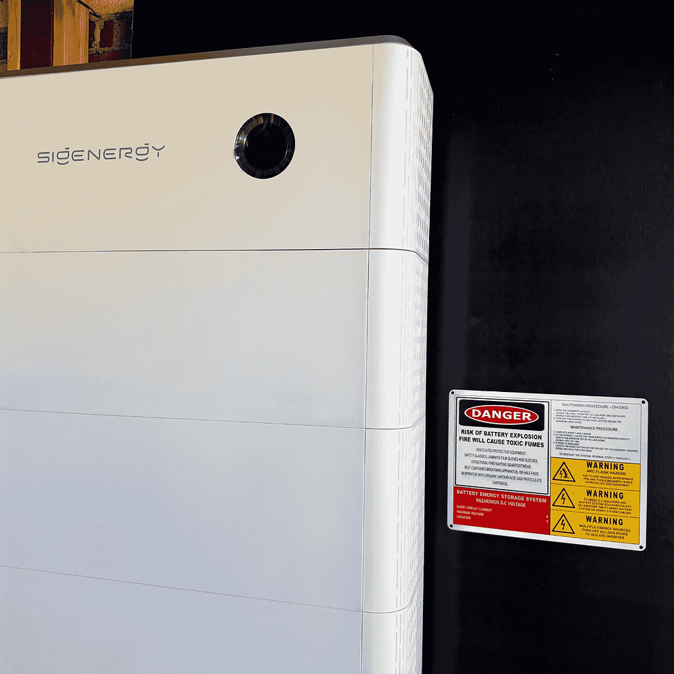 Sigenergy battery shutdown procedure and safety warning plaque next to Sigenergy Battery