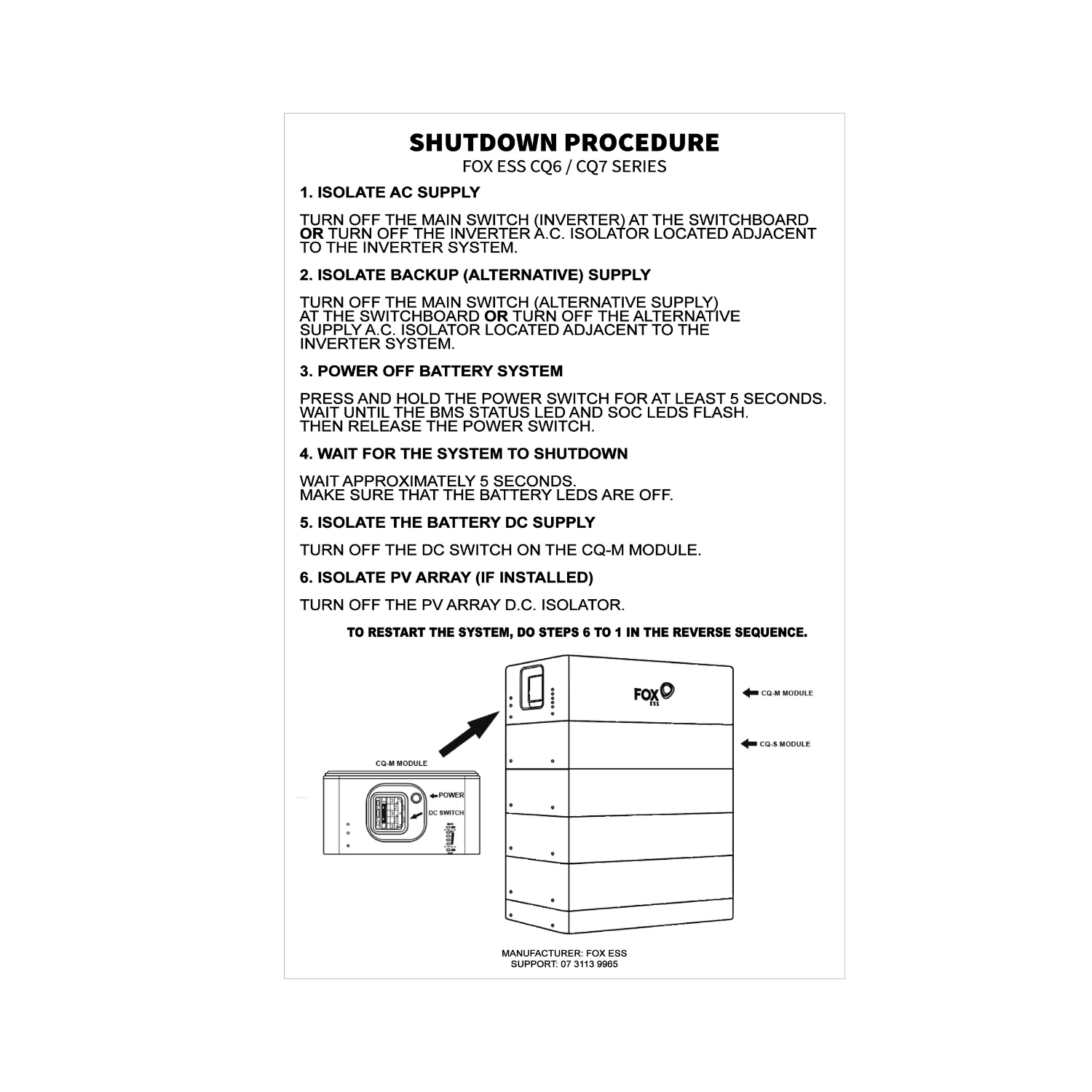 FOX ESS CQ6 and CQ7 battery shutdown procedure plaque with isolation instructions and CQ-M module diagram