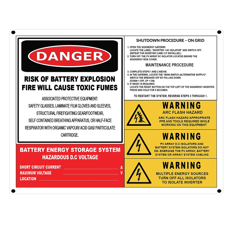 Sigenergy battery shutdown procedure and safety warning plaque with arc flash hazard and toxic fumes warning, UV printed
