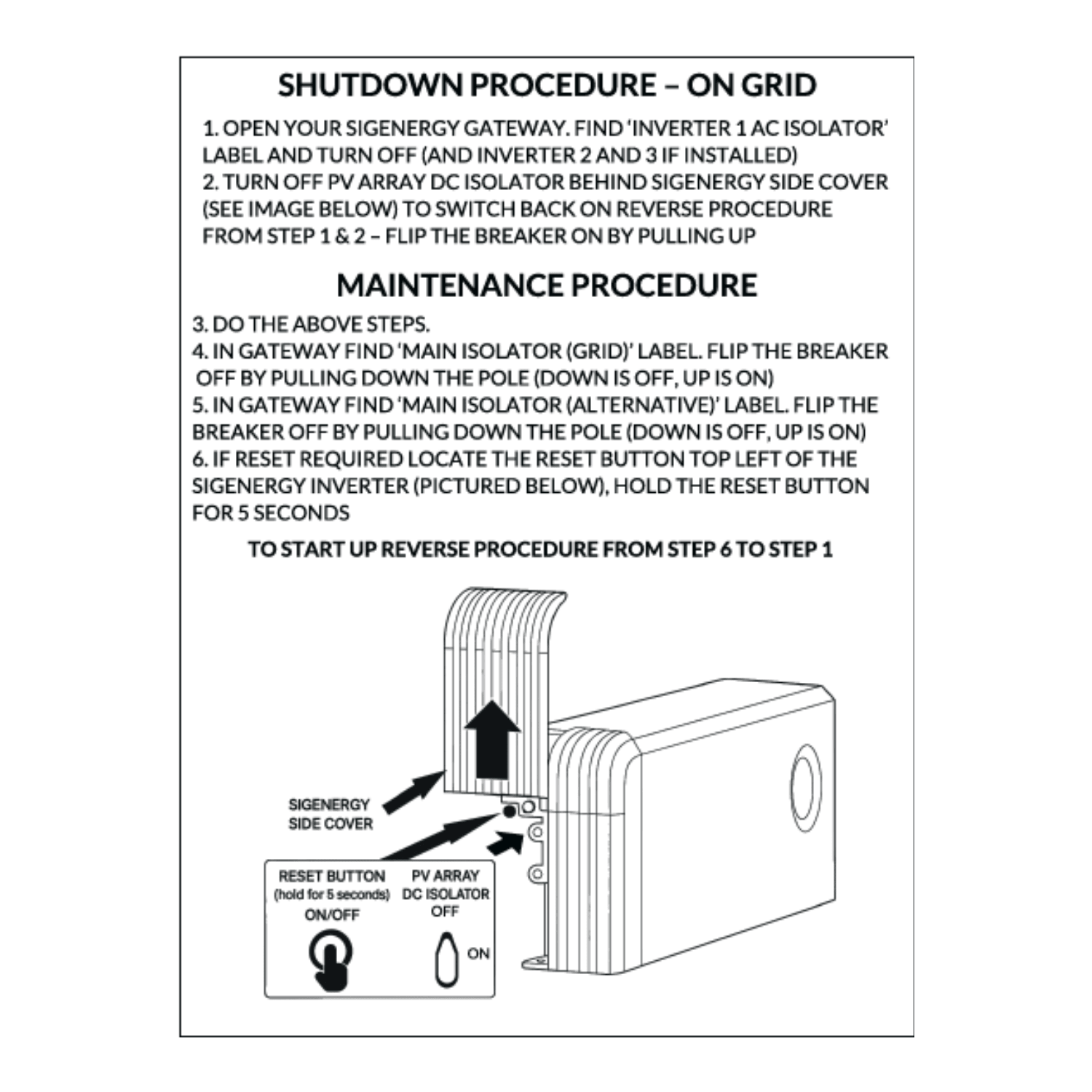 Sigenergy solar shutdown procedure plaque for battery and solar installation