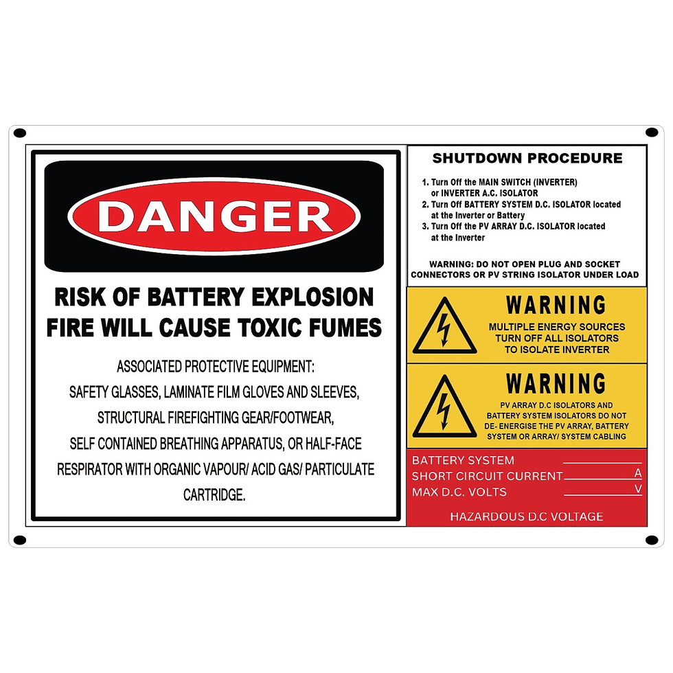 Battery storage system shutdown procedure and hazard warning plaque with arc flash and toxic fumes warnings, UV printed rigid