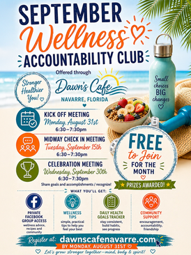 September Wellness Accountability Club flyer with beach background, water bottle, fruit bowl, and meeting dates in Navarre, Florida.