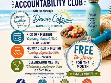 September Wellness Accountability Club flyer with beach background, water bottle, fruit bowl, and meeting dates in Navarre, Florida.