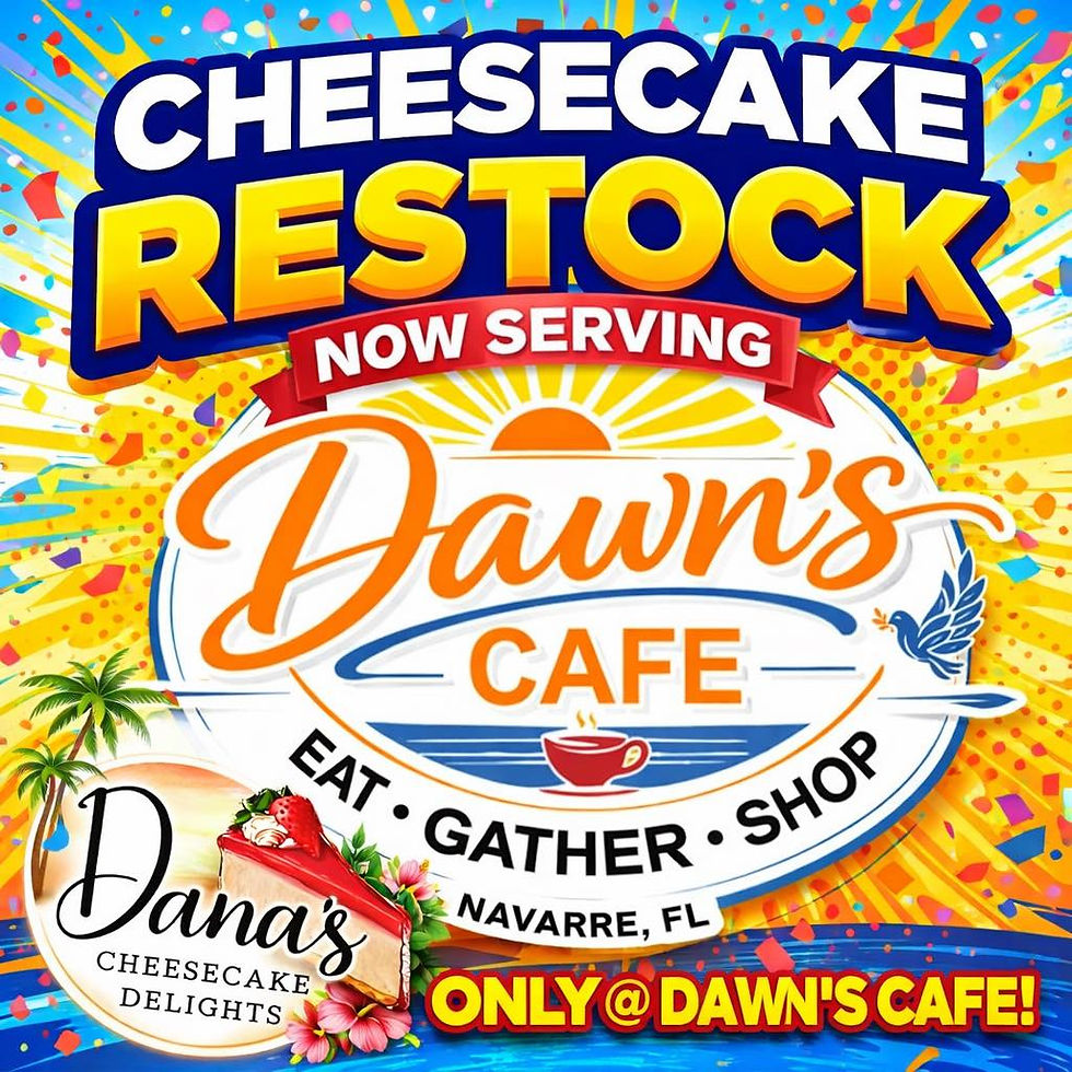 Vibrant poster with "Cheesecake Restock" text, featuring Dawn's Cafe logo, sunny background, and Dana's Cheesecake Delights logo.