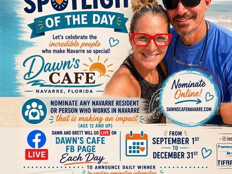 Poster of smiling woman and man on a beach promoting Community Member Spotlight of the Day for Dawn’s Cafe, Navarre, Florida.