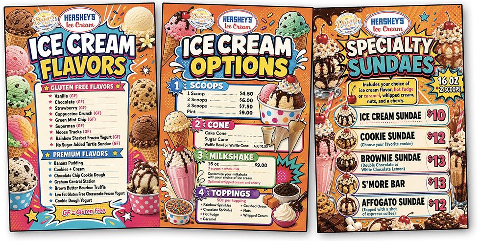 Three colorful ice cream menu posters showing flavors, scoops, cones, milkshakes, and specialty sundaes with prices.