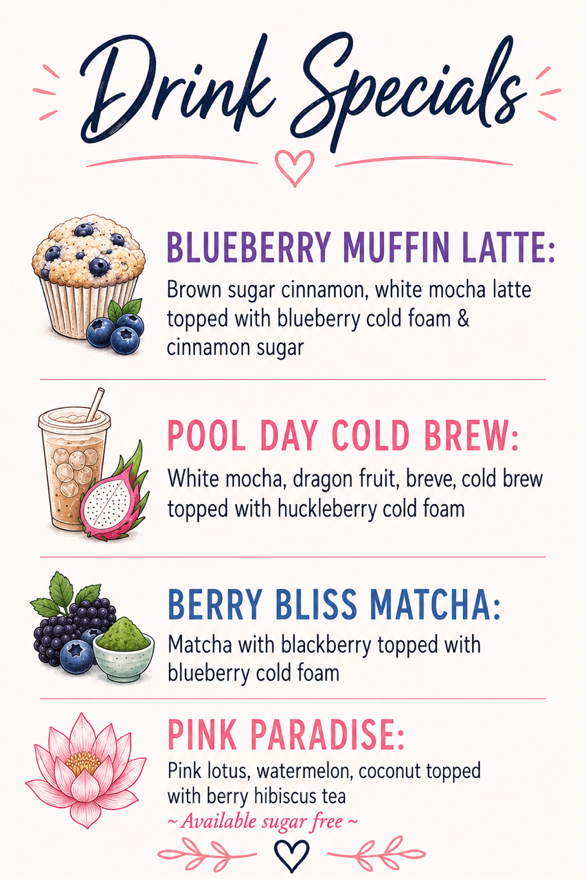 Drink Specials menu poster with illustrated blueberry muffin, cold brew, matcha, and lotus drinks on a white background.