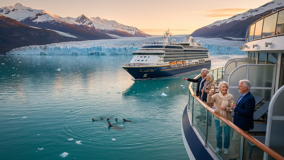 Wide angle view of a cruise ship sailing through icy Alaskan waters