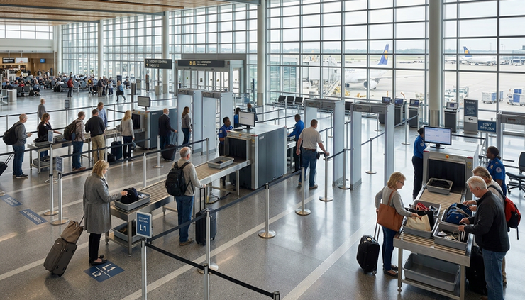 Wide-angle view of a calm airport security area with travelers moving through separate lanes.