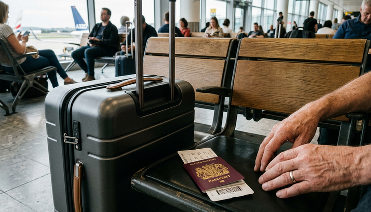 Close-up of a carry-on suitcase beside a passport and boarding pass on an airport bench.