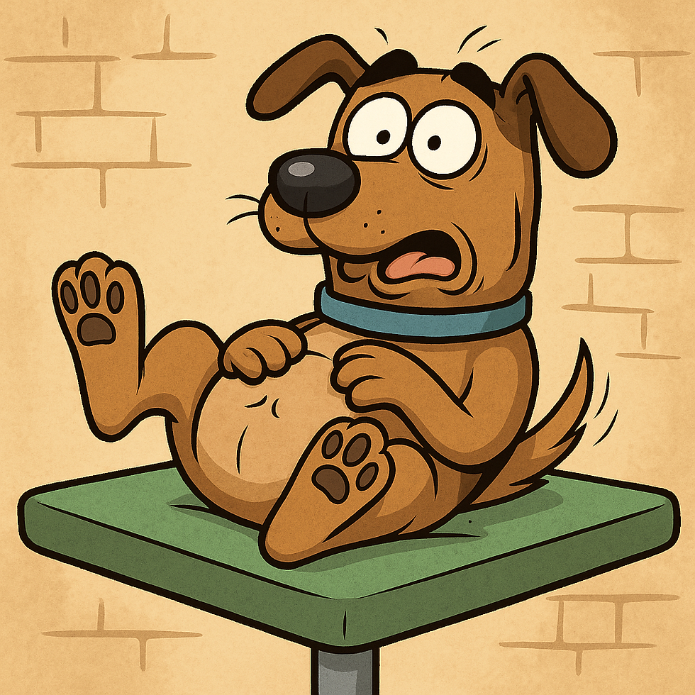 A cartoon dog waking up surprised on an op table