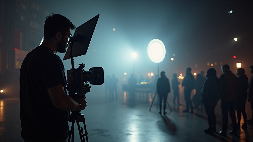 Eye-level view of a film set with modern lighting equipment