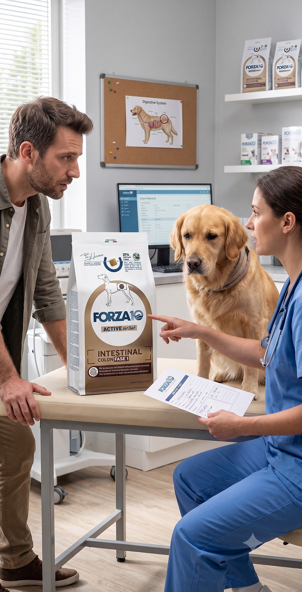 Veterinarian discussing an intestinal nutrition plan with a dog owner during a consultation for chronic enteropathy in dogs