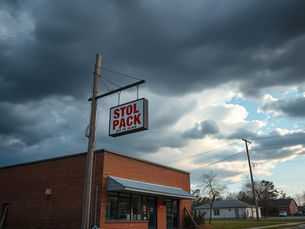 AR small business storefront with damaged sign after a storm, illustrating commercial property coverage for tornado season