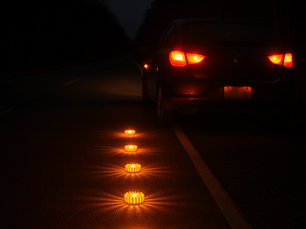 Car parked on a dark foggy road with hazard lights on and six amber LED roadside flares glowing in a line behind it — night roadside emergency scene.