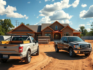 Arkansas contractor pickup trucks at a residential construction site illustrating hired and non-owned auto coverage exposure
