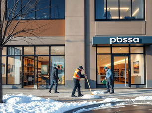 Workers shoveling snow and clearing ice outside a modern office building during winter to prevent slip hazards.