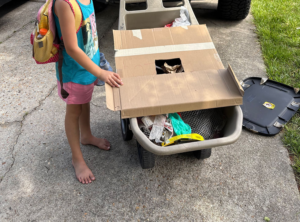 We invented a new contraption with our old wheelbarrow. We even have a trash claw. I use that mostly. My old body can’t stand the bending like she can. BTW we use gloves too. And she knows what not to pick up. Luckily glass and medication are the only things she hasn’t been able to touch.