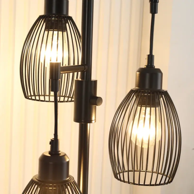 Thumbnail: Industrial Floor Lamp with 3 Hanging Wire Lampshades